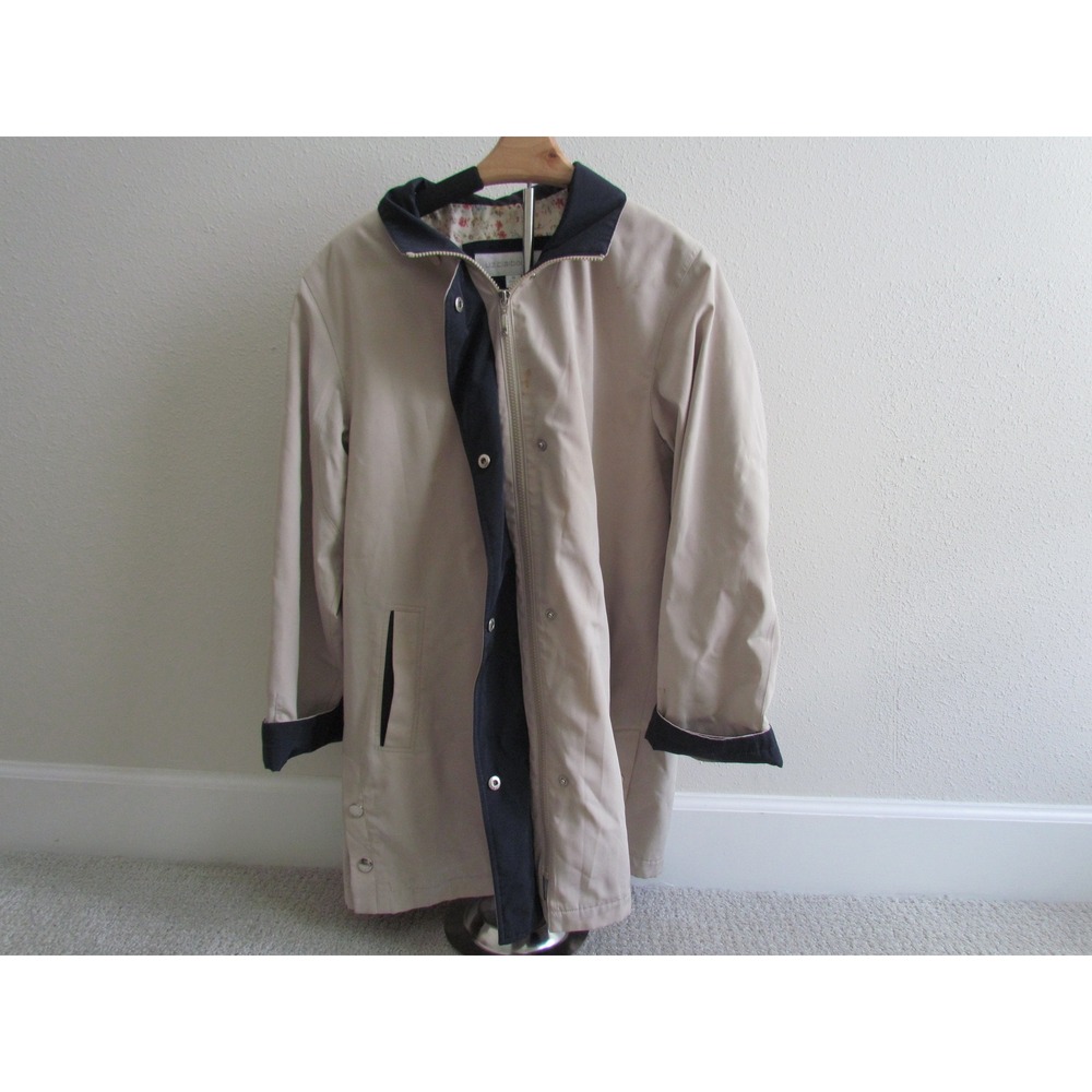 Liz Claiborne Rain Jacket Medium Tan Navy Trim Floral Lined Trench Coat